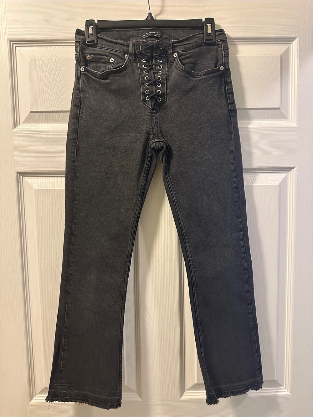 Women’s Zara Lace-Up High-Waist Straight-Leg Jeans in Charcoal - Size 2